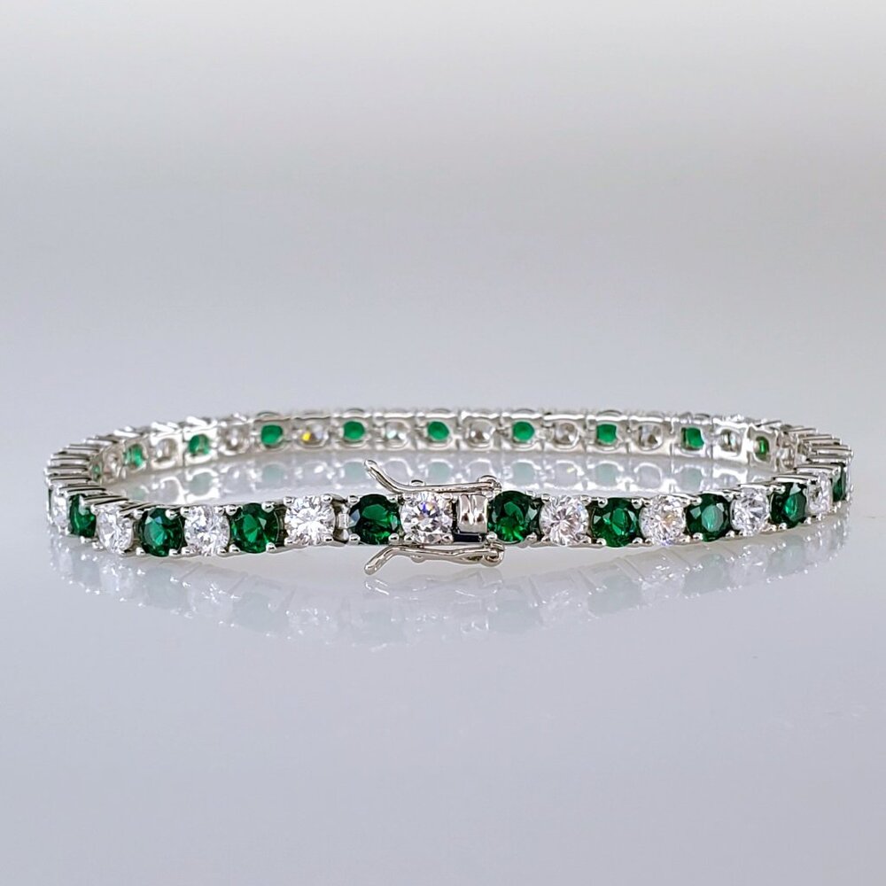 14K White Gold Womens 2ct Green Emerald Gemstone Diamond Tennis Bracelet 6" 7"